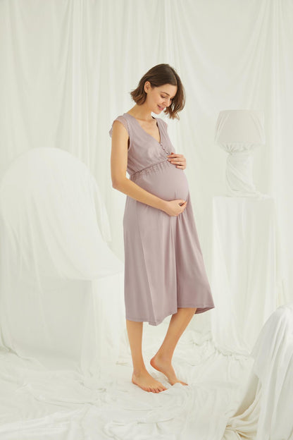 Sıfır kol Önden Düğmeli Lohusa Hamile Gecelik 18449