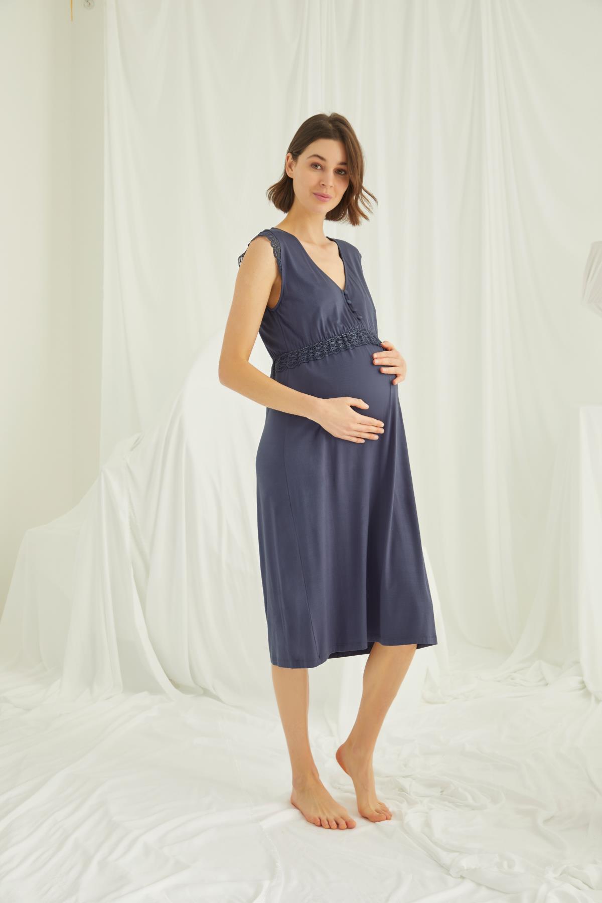 Sıfır Kol Önden Düğmeli Lohusa Hamile Gecelik 18448