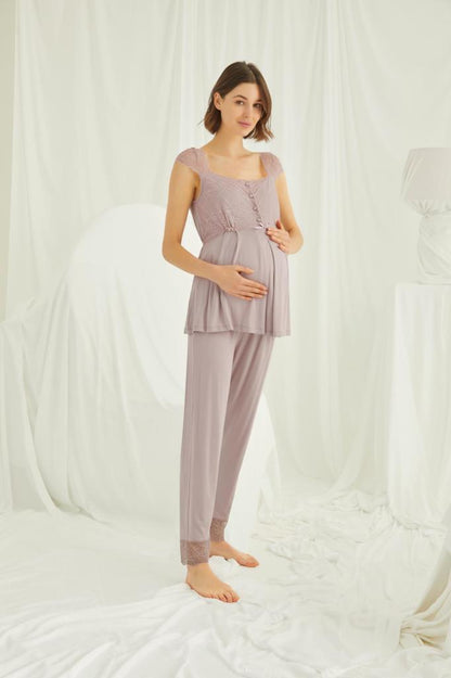 Önden Düğmeli Kısa Kollu Lohusa Hamile Pijama Takımı 18440