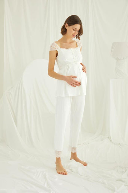 Önden Düğmeli Kısa Kollu Dantel Detaylı Lohusa Hamile Pijama Takımı 18303