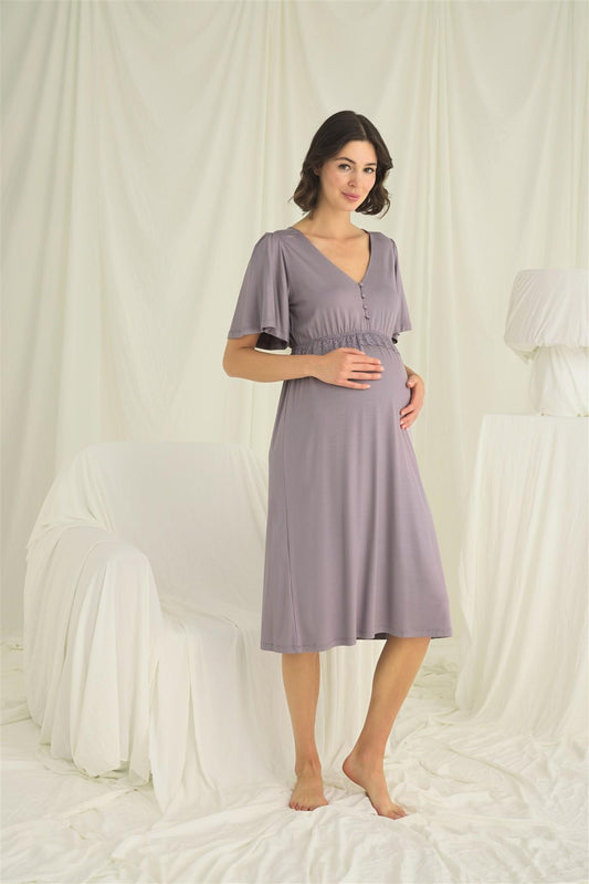 Dantelli Önden Düğmeli Kısa Kollu Lohusa Hamile Gecelik 18642