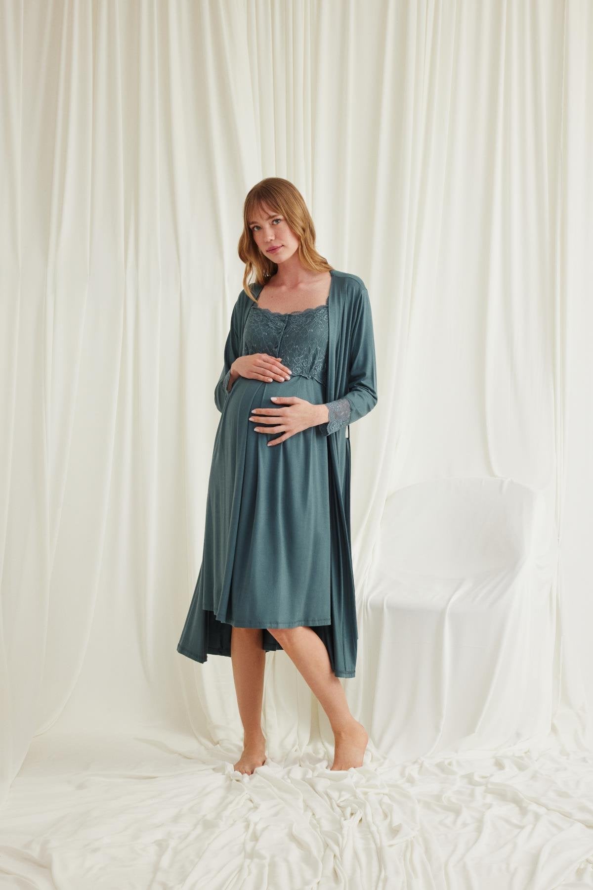 Önden Düğmeli Dantelli  Sabahlıklı Lohusa Hamile Gecelik Takımı - 18534