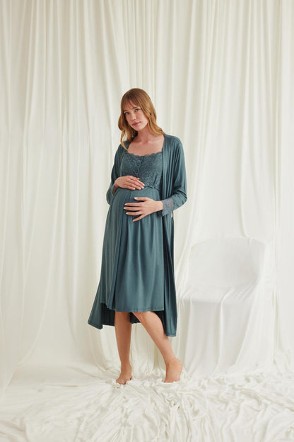 Önden Düğmeli Dantelli  Sabahlıklı Lohusa Hamile Gecelik Takımı - 18534