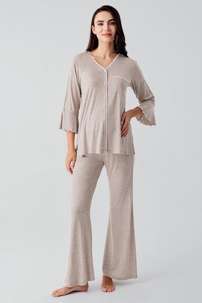 Düğmeli Uzun Kollu Biyeli Lohusa Hamile Pijama Takımı Bej Melanj - 16207