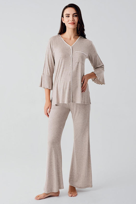 Düğmeli Uzun Kollu Biyeli Lohusa Hamile Pijama Takımı Bej Melanj - 16207