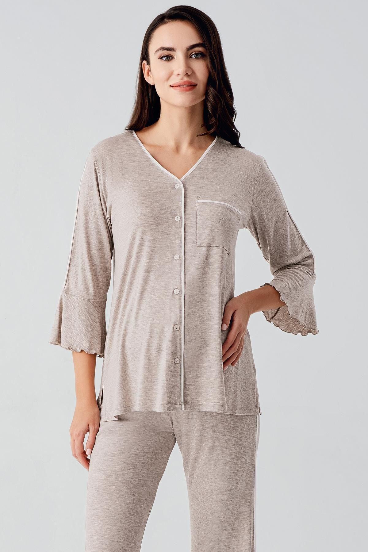 Düğmeli Uzun Kollu Biyeli Lohusa Hamile Pijama Takımı Bej Melanj - 16207