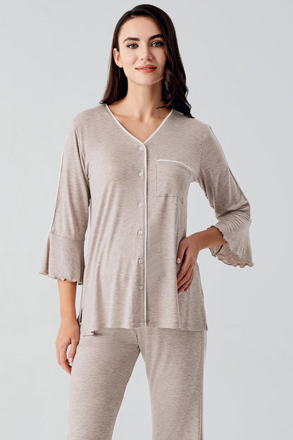 Düğmeli Uzun Kollu Biyeli Lohusa Hamile Pijama Takımı Bej Melanj - 16207