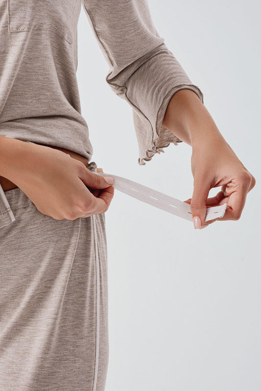 Düğmeli Uzun Kollu Biyeli Lohusa Hamile Pijama Takımı Bej Melanj - 16207