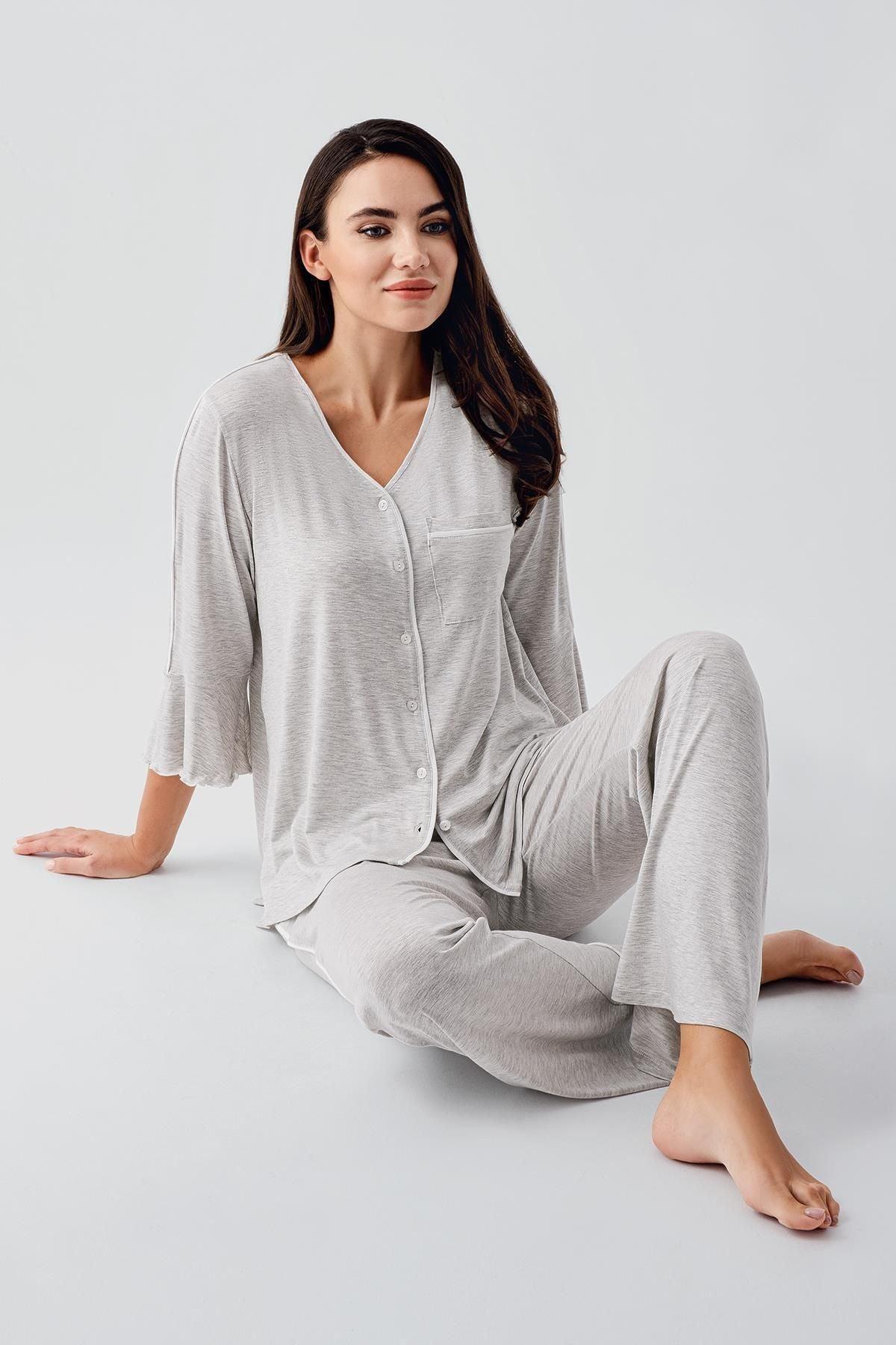 Düğmeli Uzun Kollu Biyeli Lohusa Hamile Pijama Takımı Gri - 16207