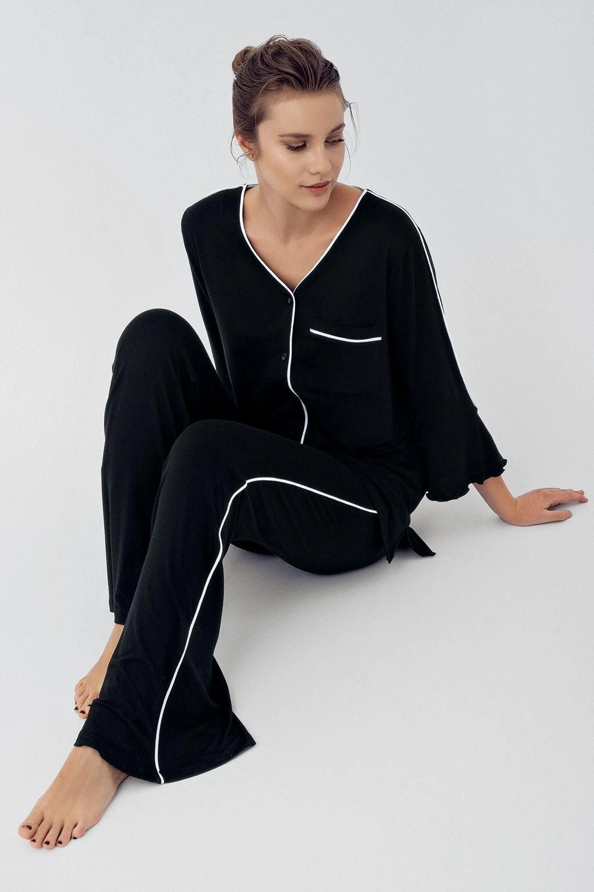 Düğmeli Uzun Kollu Biyeli Lohusa Hamile Pijama Takımı Siyah- 16207