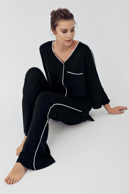 Düğmeli Uzun Kollu Biyeli Lohusa Hamile Pijama Takımı Siyah- 16207