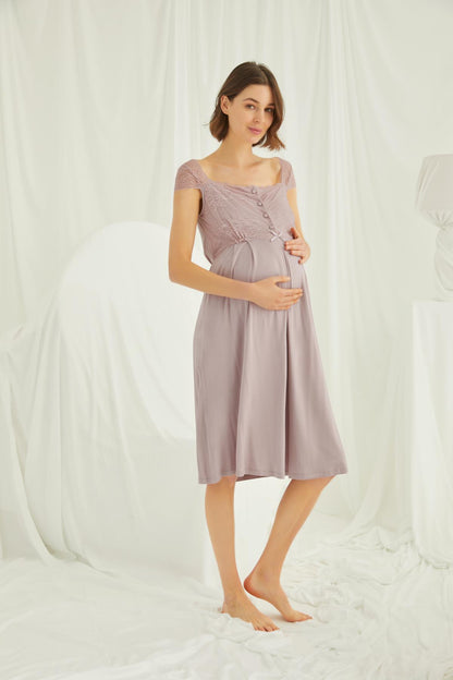 Dantelli Omuz Sabahlıklı Lohusa Gecelik Takımı - 18438