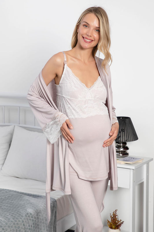 Dantel Detaylı Sabahlıklı Lohusa Hamile Pijama Takımı - 18196