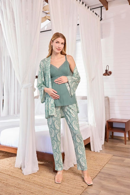 Emzirme Özellikli Askılı Sabahlıklı Lohusa Hamile Pijama Takımı 25110