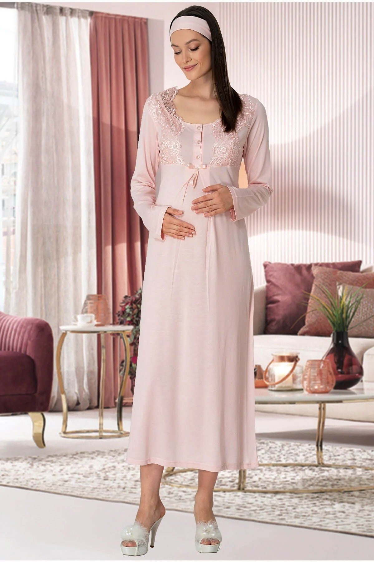 Önden Düğmeli Dantelli Sabahlıklı Lohusa Hamile Gecelikli Pijama Takım 4'lü Set Pudra - 5355