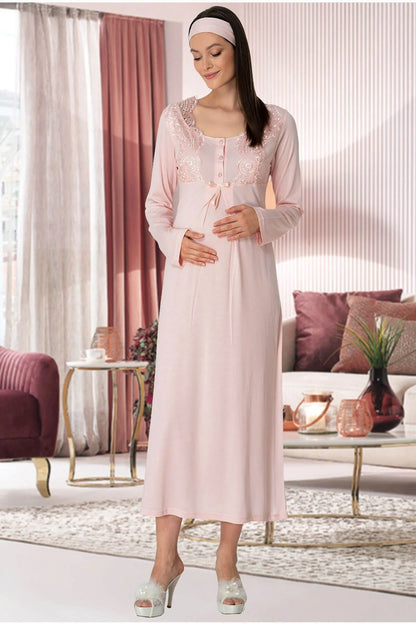 Önden Düğmeli Dantelli Sabahlıklı Lohusa Hamile Gecelikli Pijama Takım 4'lü Set Pudra - 5355