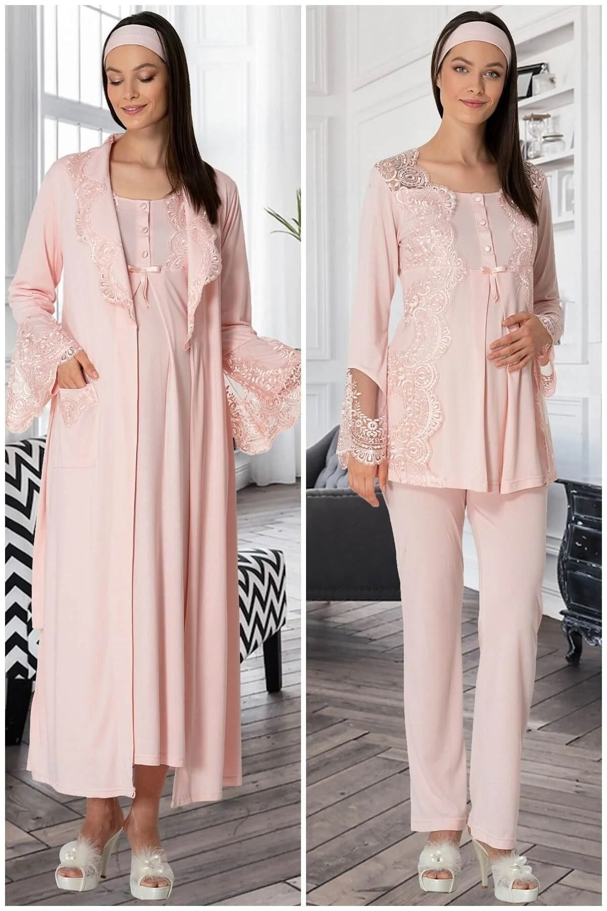 Önden Düğmeli Dantelli Sabahlıklı Lohusa Hamile Gecelikli Pijama Takım 4'lü Set Pudra - 5355