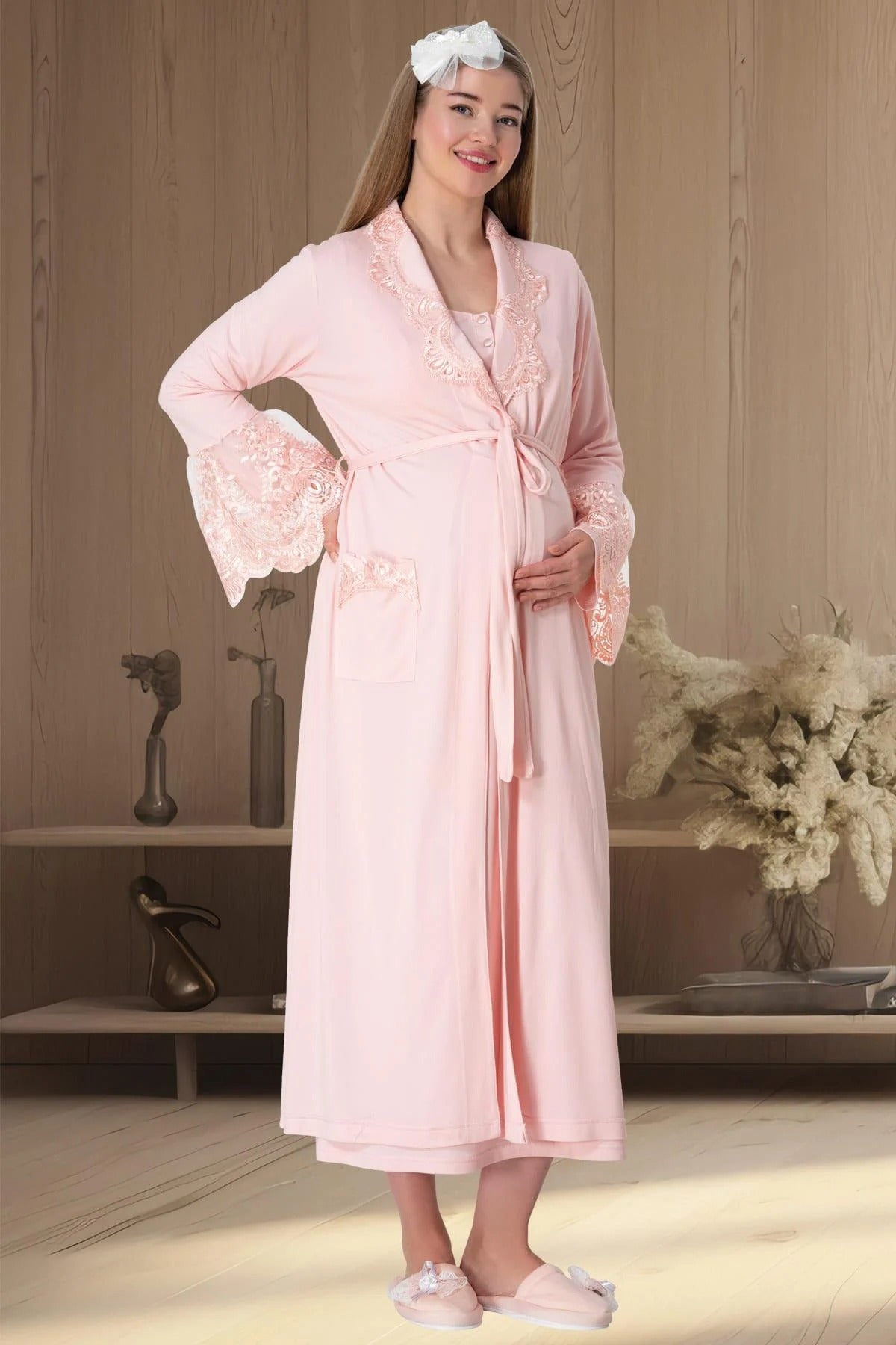 Güpürlü Önden Düğmeli Lohusa Hamile Sabahlıklı Gecelik Takım Pudra - 5354