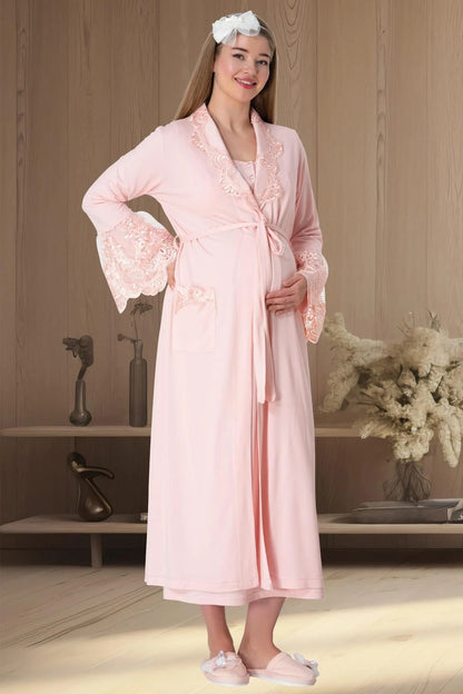 Güpürlü Önden Düğmeli Lohusa Hamile Sabahlıklı Gecelik Takım Pudra - 5354