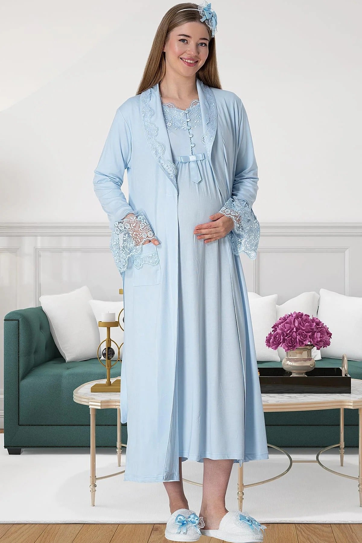 Önden Düğmeli Uzun Sabahlıklı Lohusa Hamile Gecelik Takımı Mavi - 5417