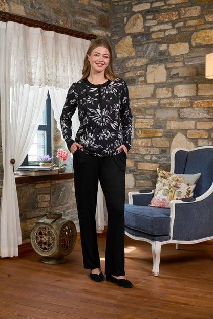 Desenli Uzun Kol Önden Düğmeli Hamile Lohusa Pijama Takımı (Büyük Beden Seçeneği) 26231 - Siyah