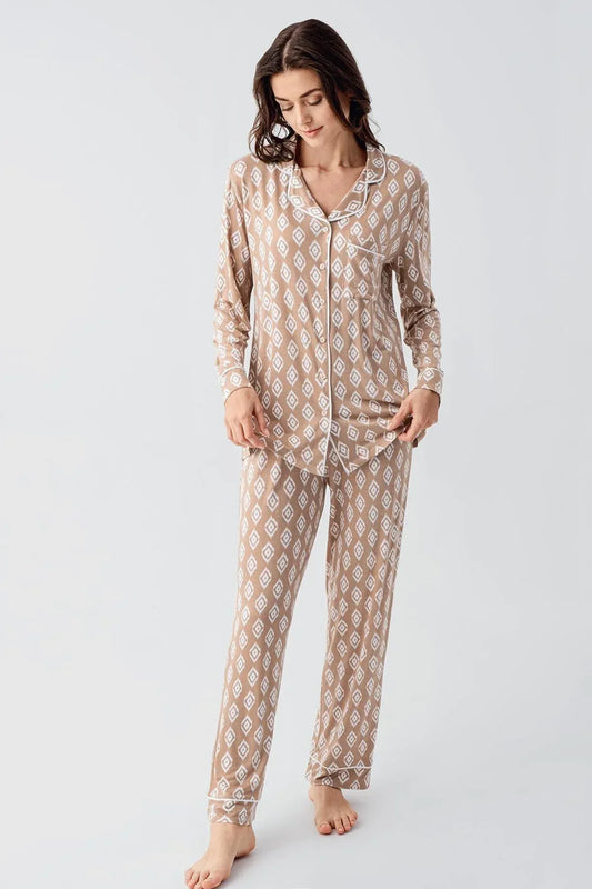Düğmeli Gömlek Yaka Desenli Lohusa Hamile Pijama Takımı Bej- 22101