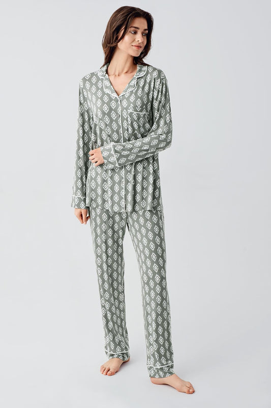 Düğmeli Gömlek Yaka Desenli Lohusa Hamile Pijama Takımı Yeşil - 22101