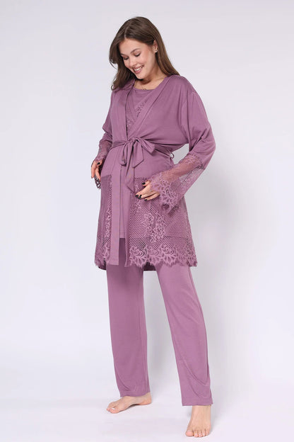 Dantel İşlemeli Kruvaze Emzirme Özellikli Lohusa Hamile Pijama Takımı Mürdüm - 550