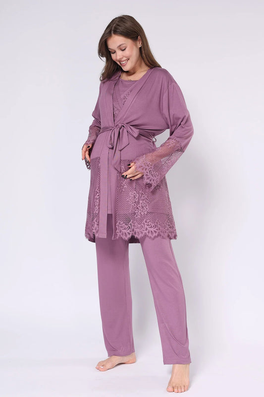 Dantel İşlemeli Kruvaze Emzirme Özellikli Lohusa Hamile Pijama Takımı Mürdüm - 550