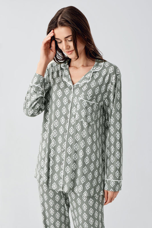 Düğmeli Gömlek Yaka Desenli Lohusa Hamile Pijama Takımı Yeşil - 22101