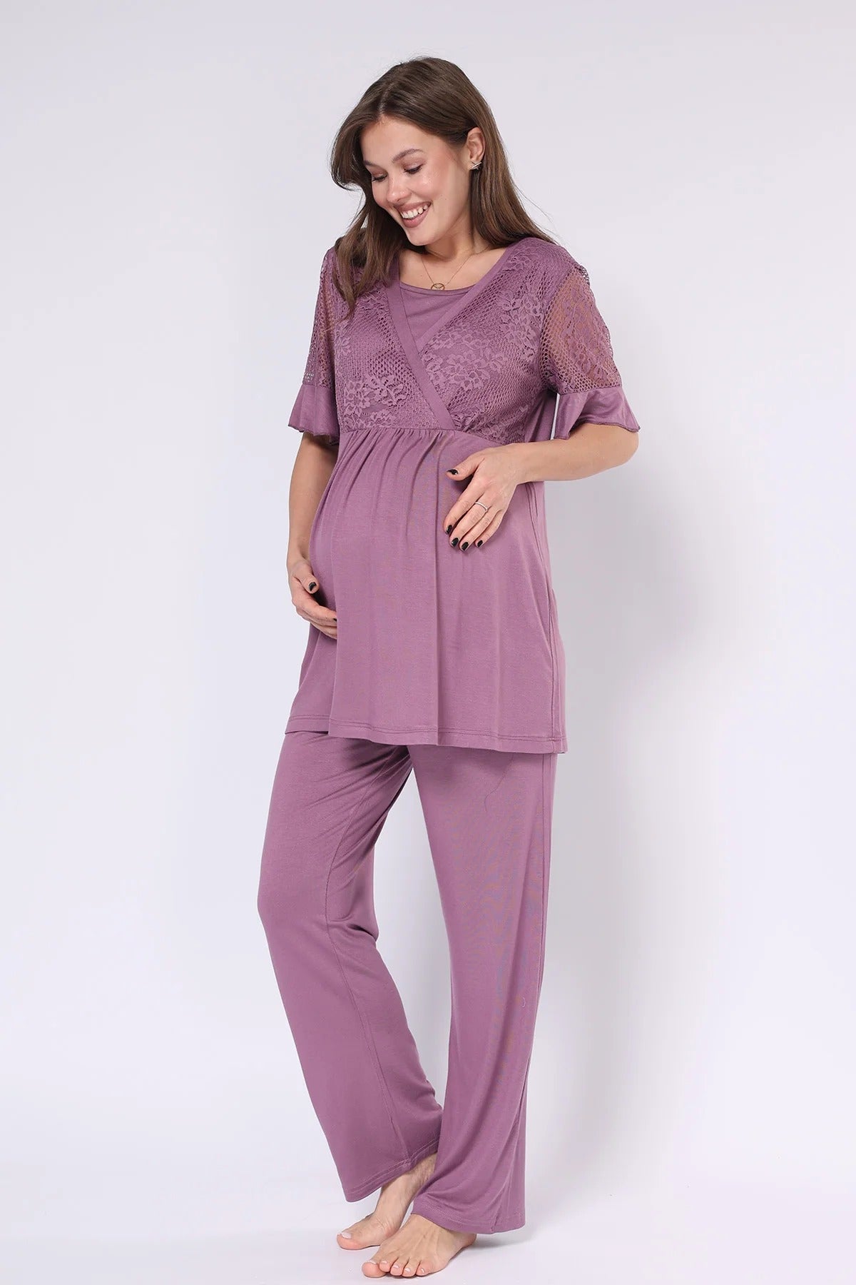 Dantel İşlemeli Kruvaze Emzirme Özellikli Lohusa Hamile Pijama Takımı Mürdüm - 550