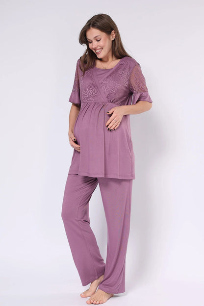 Dantel İşlemeli Kruvaze Emzirme Özellikli Lohusa Hamile Pijama Takımı Mürdüm - 550
