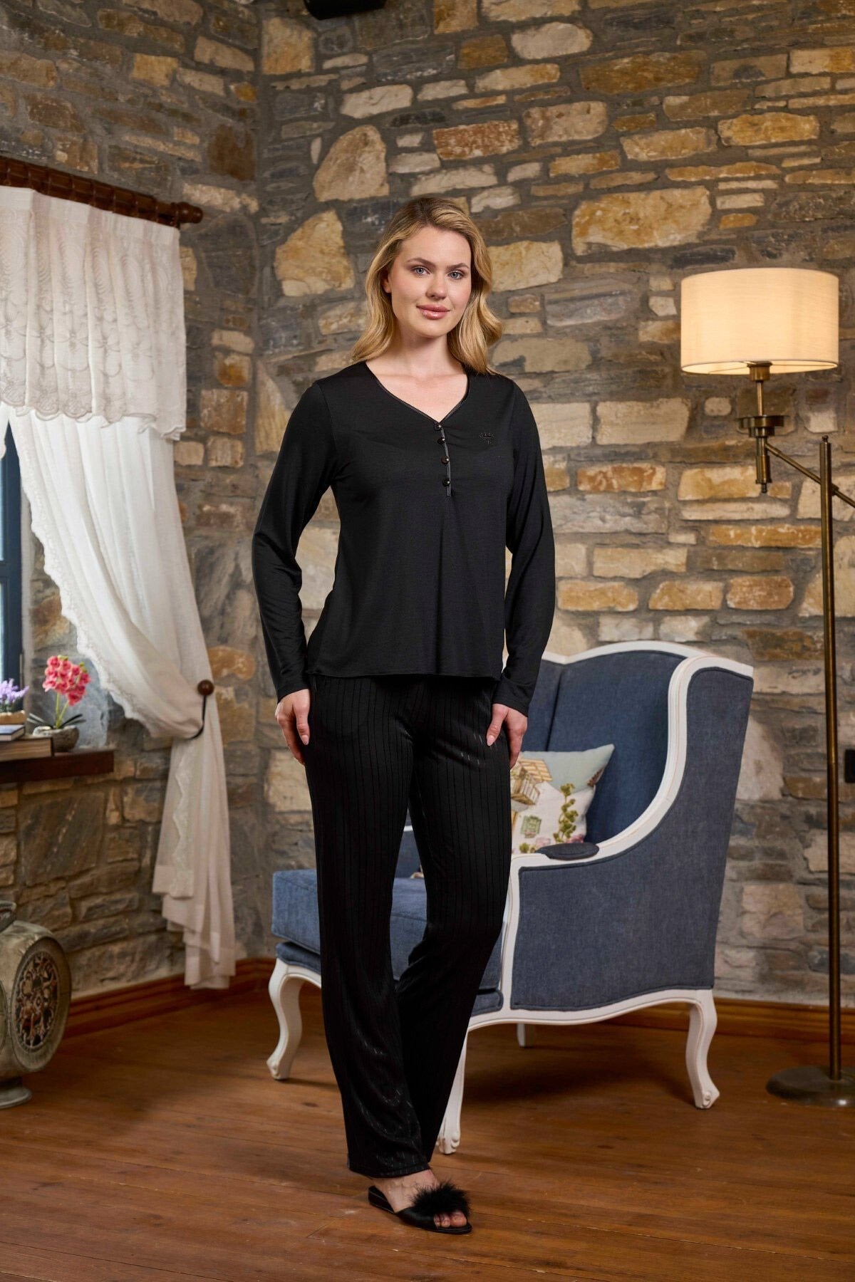 Uzun Kollu Önden Düğmeli Lohusa Hamile Pijama Takımı 26275