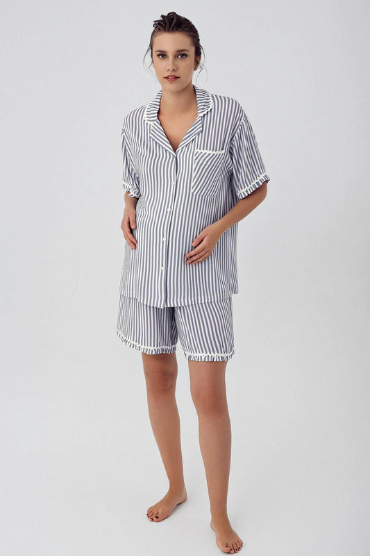 Gömlek Yaka Düğmeli Çizgili Kısa Kollu Şort Lohusa Hamile Pijama Takımı İndigo  - 16204