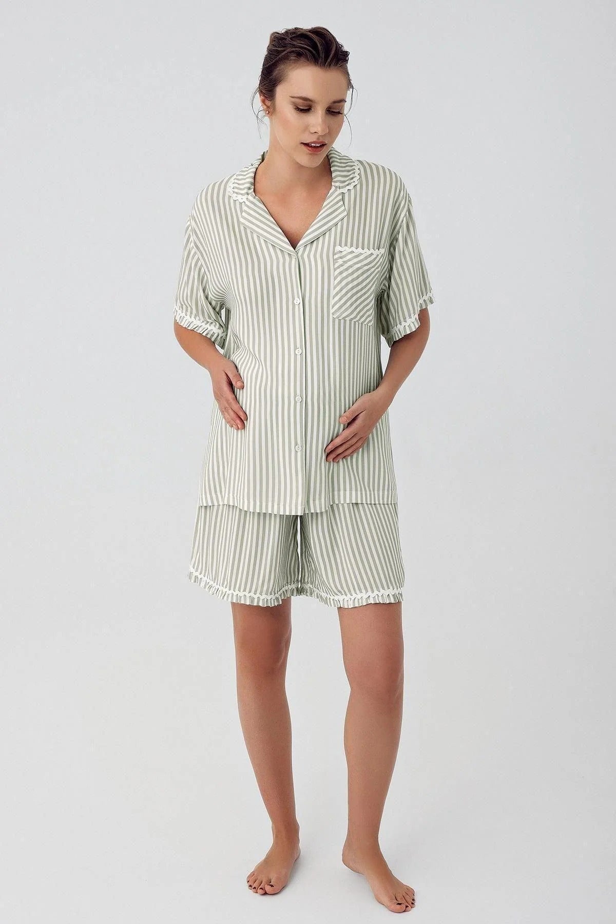 Gömlek Yaka Düğmeli Çizgili Kısa Kollu Şort Lohusa Hamile Pijama Takımı Yeşil - 16204
