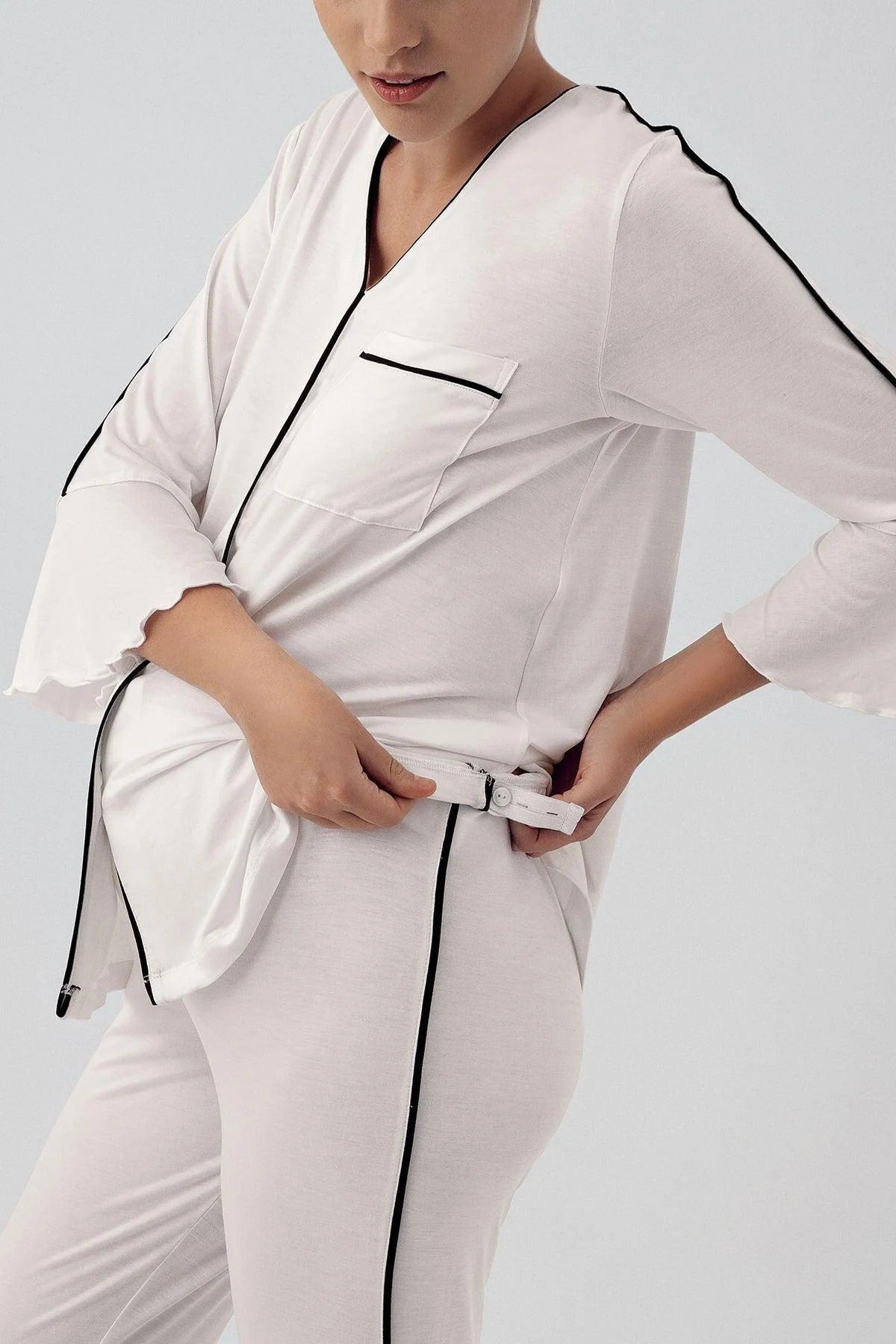 Düğmeli Uzun Kollu Biyeli Lohusa Hamile Pijama Takımı Ekru - 16207