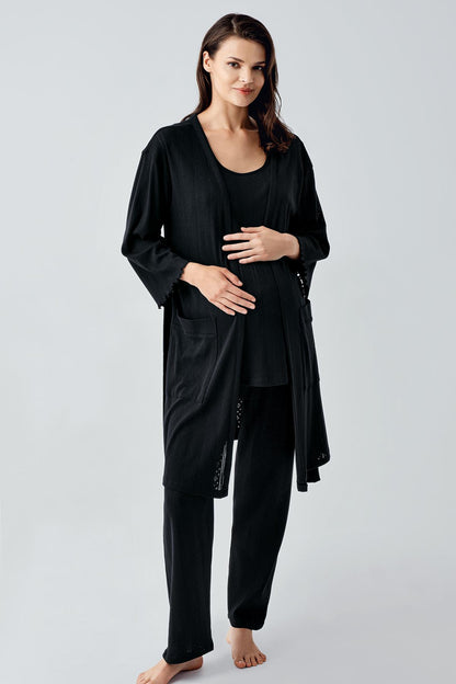 Gizli Emzirme Özellikli Pamuklu Sıfır Kol Sabahlıklı Lohusa Hamile Pijama Takımı Siyah - 17308