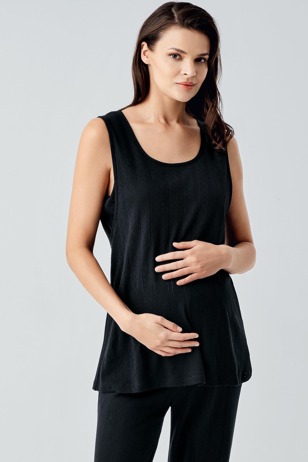 Gizli Emzirme Özellikli Pamuklu Sıfır Kol Sabahlıklı Lohusa Hamile Pijama Takımı Siyah - 17308