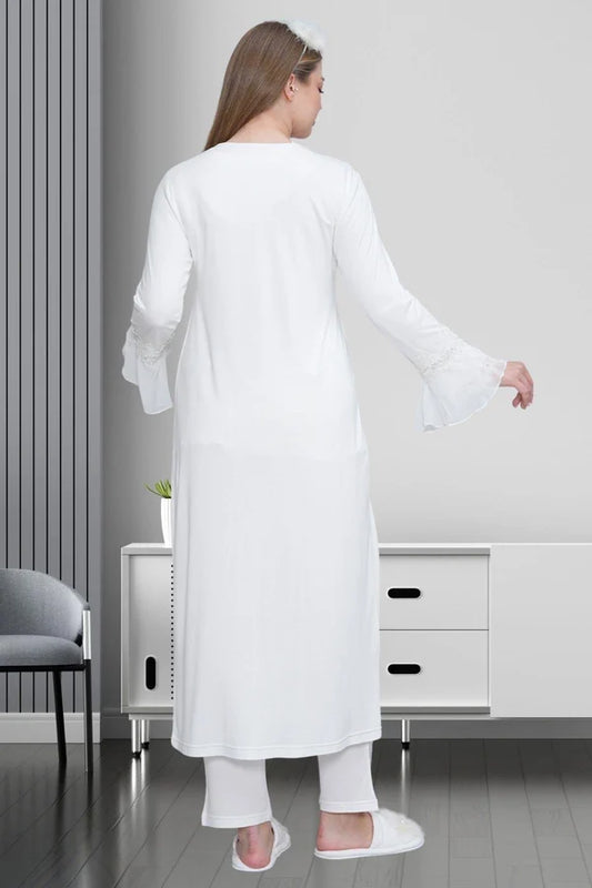 Dantelli Önden Düğmeli Uzun Kollu Sabahlıklı Lohusa Hamile Pijama Takımı Ekru  - 1517