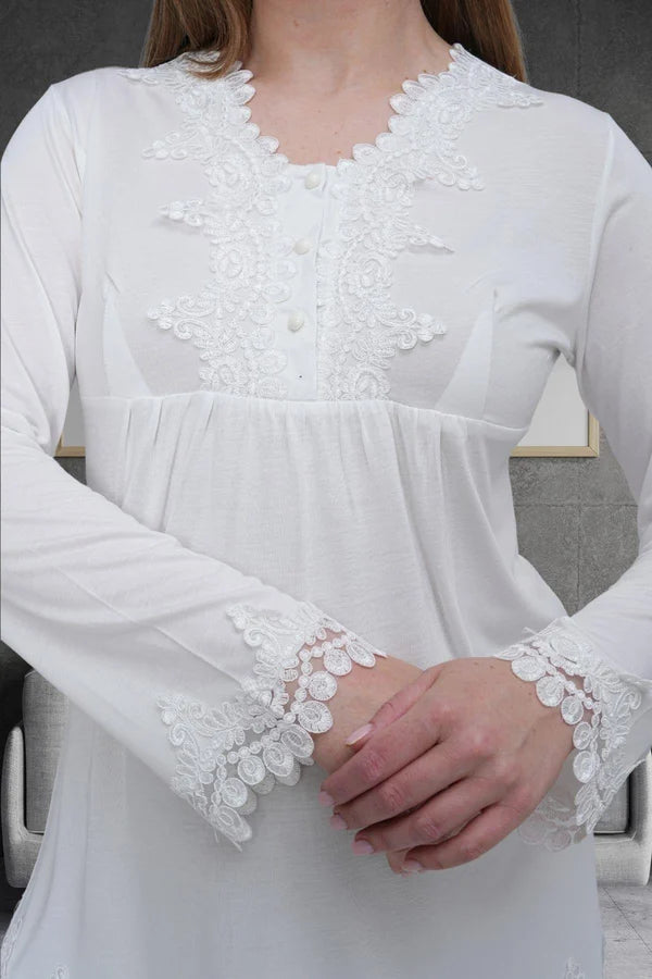 Dantelli Önden Düğmeli Uzun Kollu Sabahlıklı Lohusa Hamile Pijama Takımı Ekru  - 1517