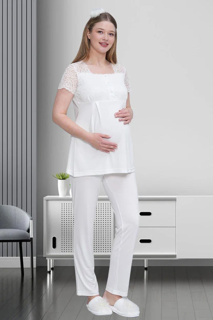 Dantelli Önden Düğmeli Uzun Kollu Sabahlıklı Lohusa Hamile Pijama Takımı Ekru  - 1517