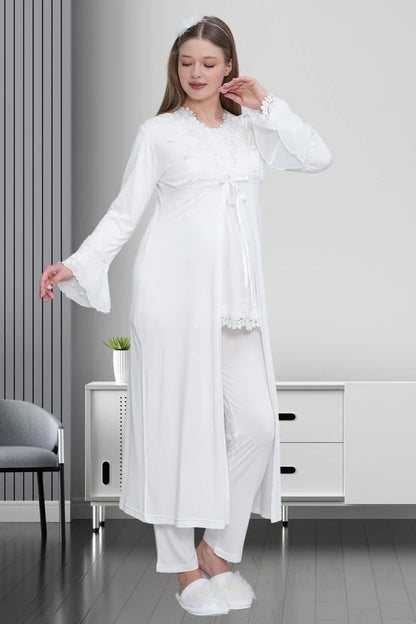 Dantelli Önden Düğmeli Uzun Kollu Sabahlıklı Lohusa Hamile Pijama Takımı Ekru  - 1517