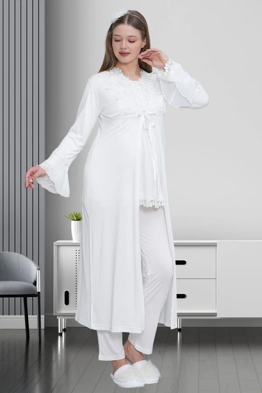Dantelli Önden Düğmeli Uzun Kollu Sabahlıklı Lohusa Hamile Pijama Takımı Ekru  - 1517