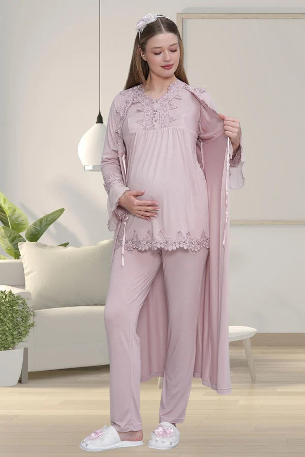 Dantelli Önden Düğmeli Uzun Kollu Sabahlıklı Lohusa Hamile Pijama Takımı Gül Kurusu - 1517