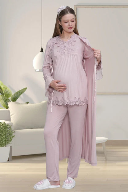 Dantelli Önden Düğmeli Uzun Kollu Sabahlıklı Lohusa Hamile Pijama Takımı Gül Kurusu - 1517