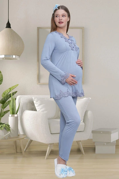 Dantelli Önden Düğmeli Uzun Kollu Sabahlıklı Lohusa Hamile Pijama Takımı  Mavi - 1517