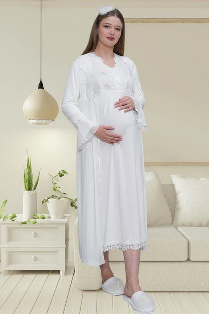 Dantelli Önden Düğmeli Sabahlıklı Lohusa Hamile Gecelik Takımı Ekru - 1518