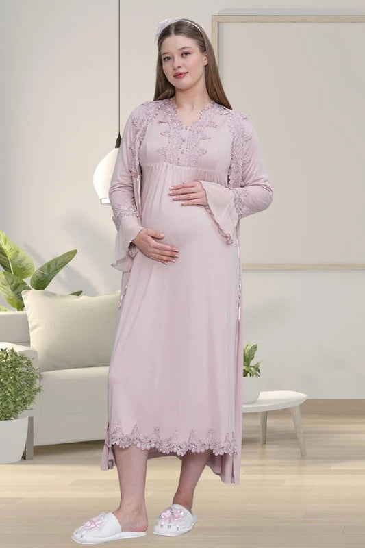 Dantelli Önden Düğmeli Sabahlıklı Lohusa Hamile Gecelik Takımı Gül Kurusu - 1518