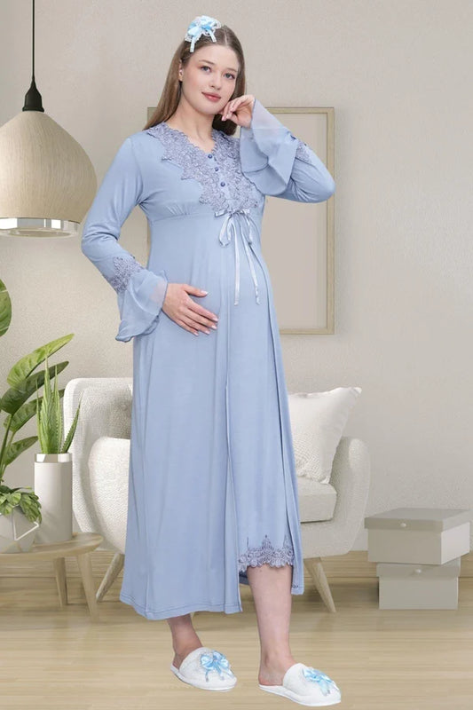 Dantelli Önden Düğmeli Sabahlıklı Lohusa Hamile Gecelik Takımı Mavi - 1518