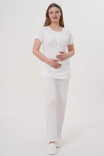 Dantel Kol Önden Düğmeli Lohusa Hamile Sabahlıklı Pijama Takımı Ekru - 1541
